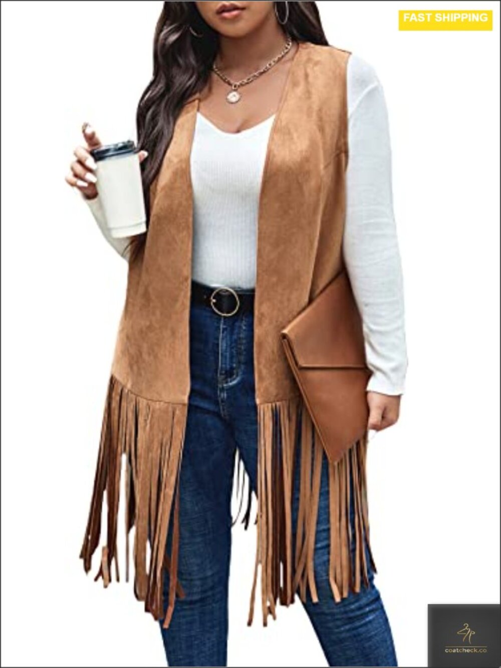 Faux Suede Fringe Open Front Cardigan Vest Sleeveless Tassel Hem Plus
